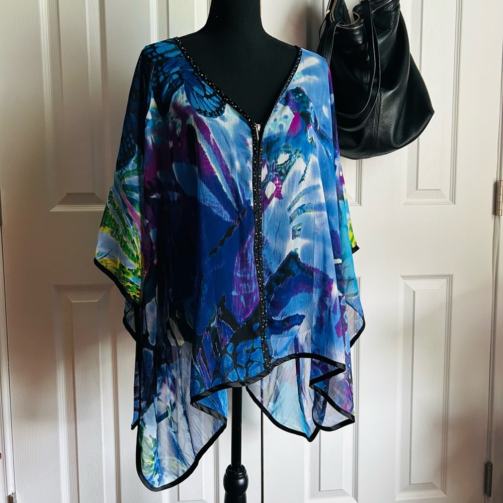 Vintage Alberto Makali Butterfly Beaded Zipper Oversized Sheer Poncho